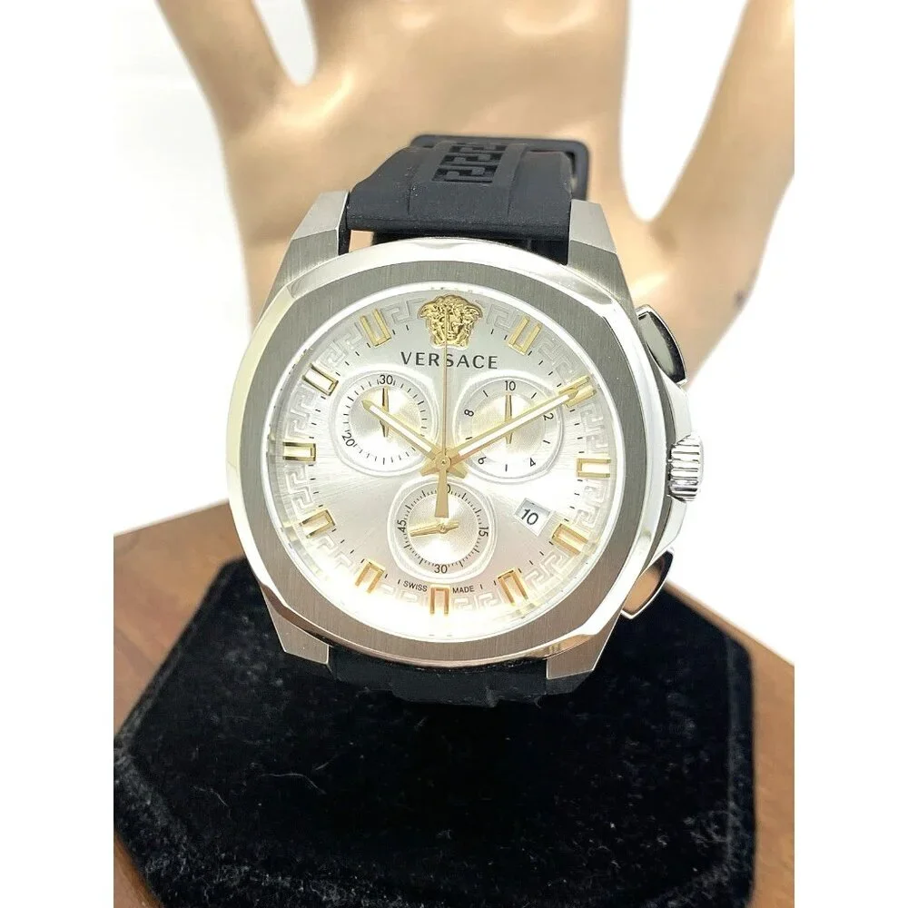 Versace Men's Watch VE7CA0123 Swiss Quartz Chronograph Silver Black Rubber 43mm